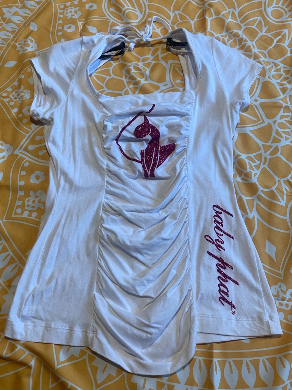 Baby Phat White Short Sleeve Tee with Pink Metallic Cat Detail